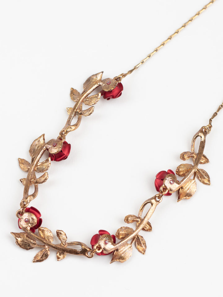 Vintage 80s Red Rose Floral Necklace with Gold-Tone Leaves
