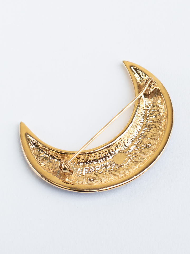 Vintage 90s Crescent Moon Brooch with Blue Enamel and Star Rhinestones