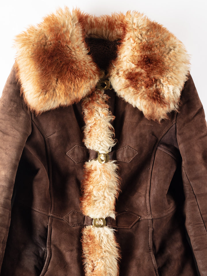 Vintage 70's Women Sheepskin Shearling Coat in Brown