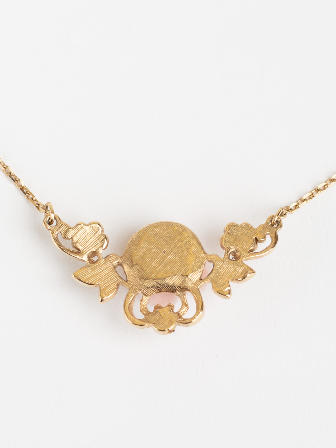 Vintage 80s Pink Rose Necklace with Faux Pearls and Gold-Tone Floral Pendant