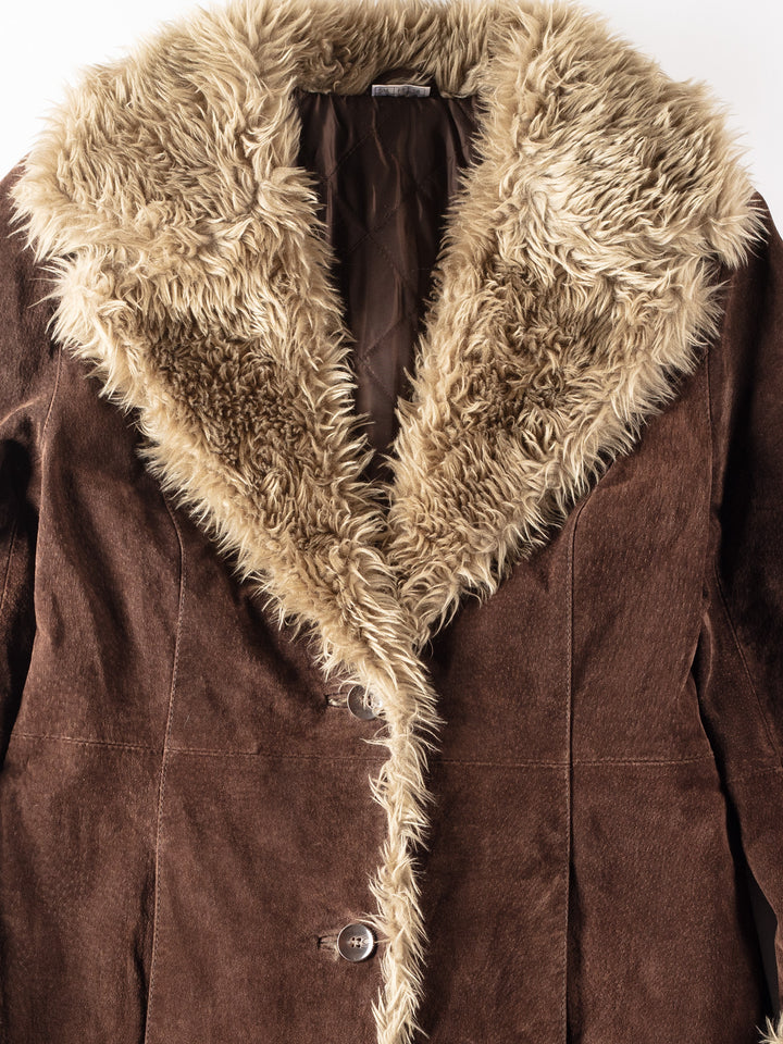 Vintage 90's Women Faux Sheepskin Coat in Brown
