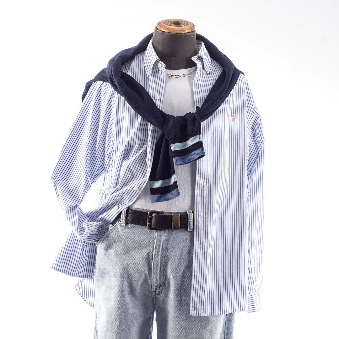 Vintage 90's Men Ralph Lauren Blue White Striped Shirt