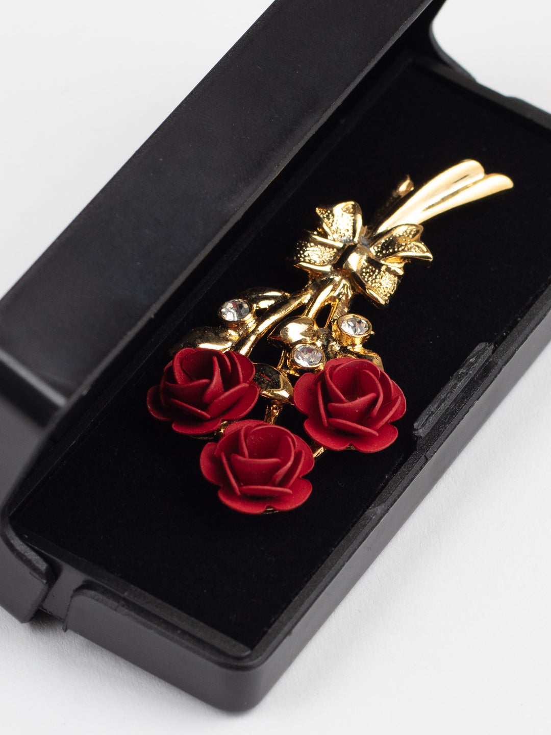Vintage Gold-Tone Red Rose Bouquet Brooch with Rhinestones and Bow Detail