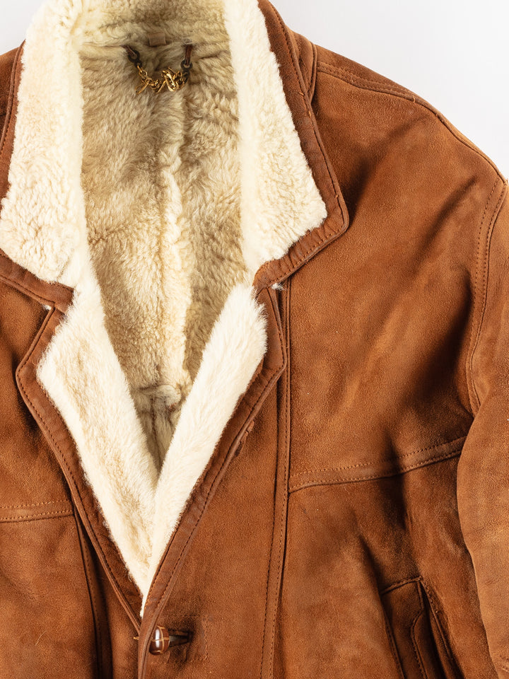Vintage 80's Men Sheepskin Shearling Jacket in Brown