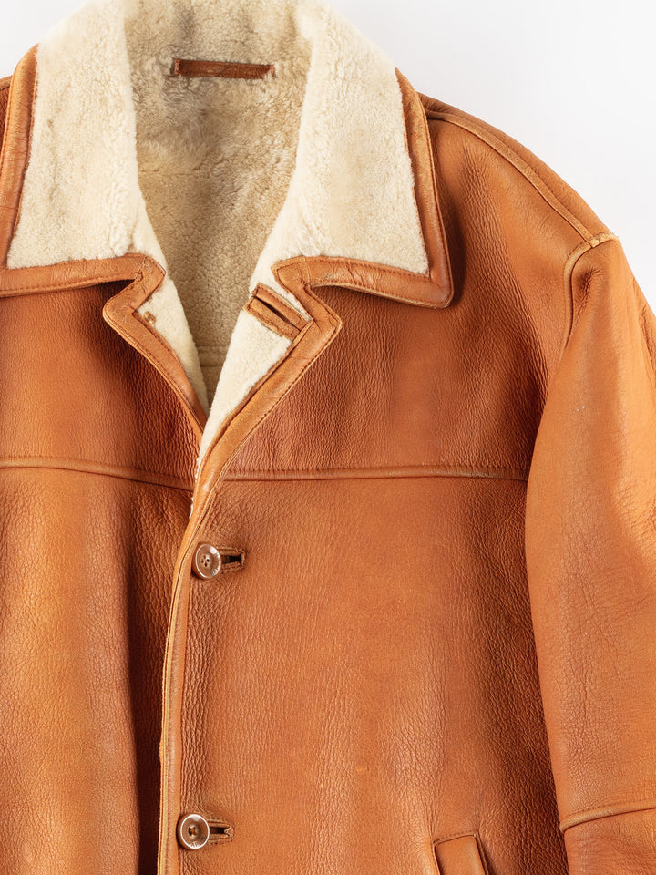 Vintage 80's Men Sheepskin Shearling Jacket in Brown