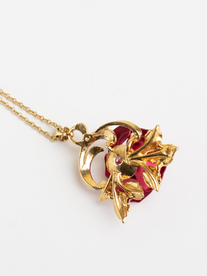 Vintage 80s Gold-Tone Rose Pendant Necklace with Red Enamel Flower