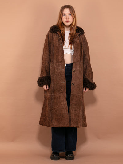Suede Sherpa Coat 70s, Size M Women Brown Suede Long Coat, Belted Winter Coat, Vintage Outerwear, Retro Suede Overcoat, Penny Lane Coat