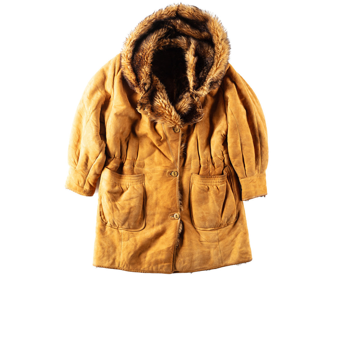 Vintage 80's Women Faux Sheepskin Coat with Hood