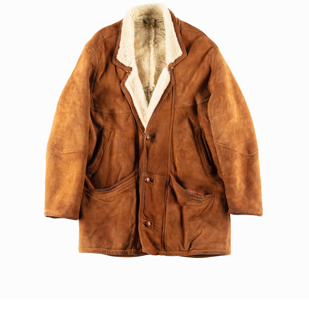 Vintage 80's Men Sheepskin Shearling Jacket in Brown