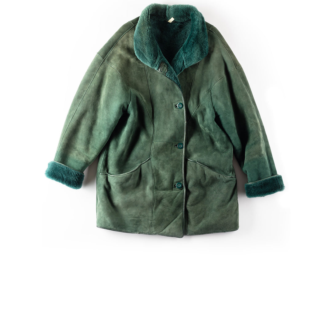 Vintage 80's Women Sheepskin Shearling Coat in Green