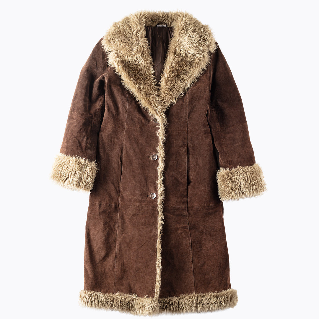 Vintage 90's Women Faux Sheepskin Coat in Brown