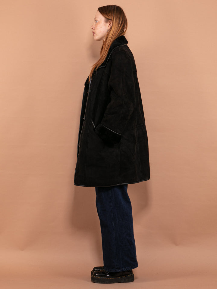Black Sheepskin Coat 80's, Size Large L, Black Suede Coat, Black Shearling Overcoat, Vintage Outerwear, 80s Outerwear, Made in France