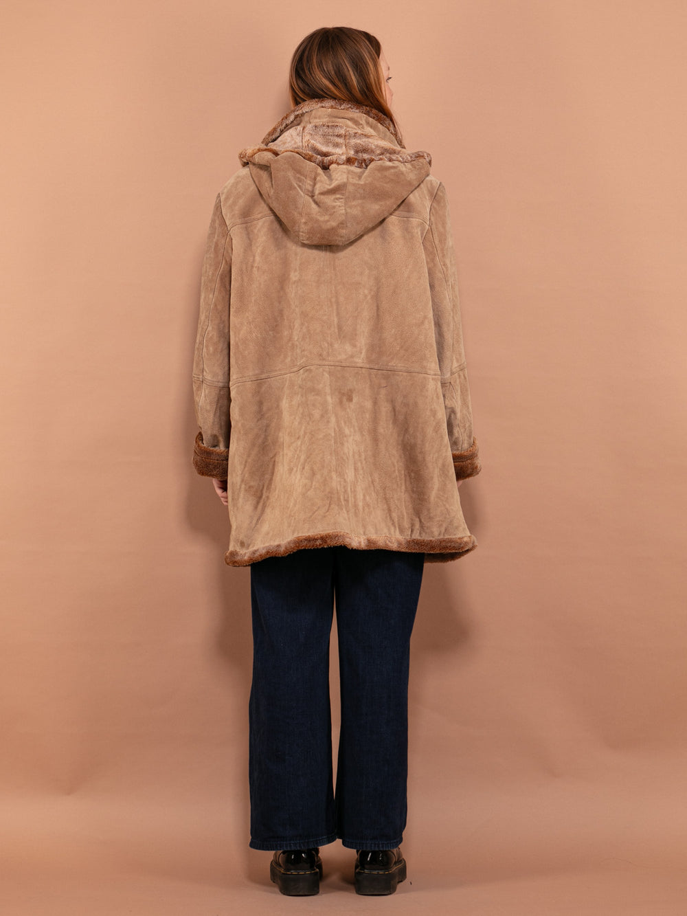 Vintage 90's Hooded Suede Sherpa Coat in Beige - NorthernGrip