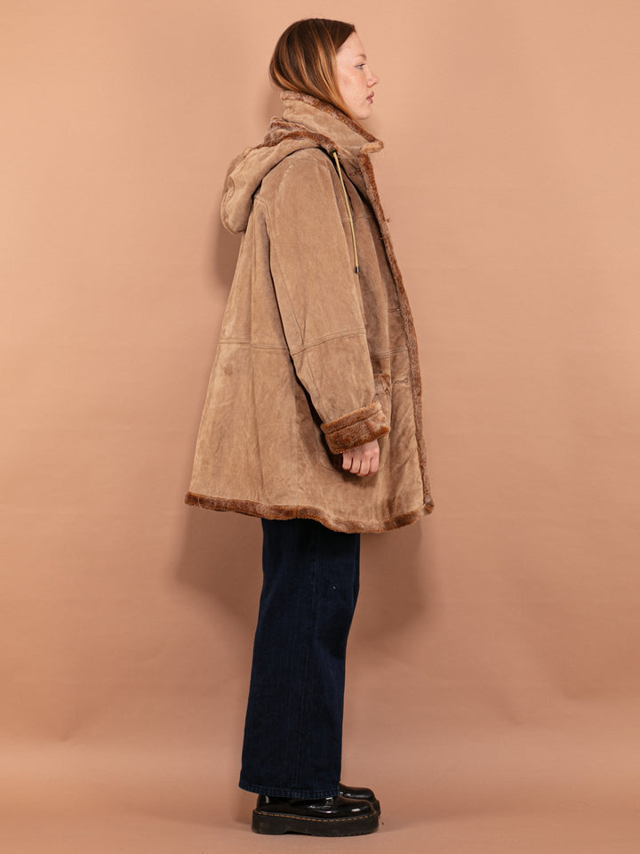 Hooded Suede Sherpa Coat 90's, Size Large XL, Vintage Women Button Up Coat, Beige Faux Sheepskin Coat, Boho Western Style Outerwear