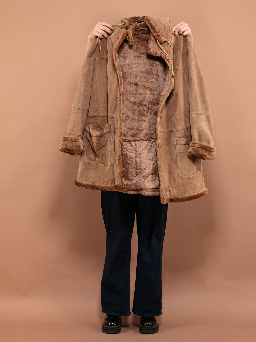 Hooded Suede Sherpa Coat 90's, Size Large XL, Vintage Women Button Up Coat, Beige Faux Sheepskin Coat, Boho Western Style Outerwear