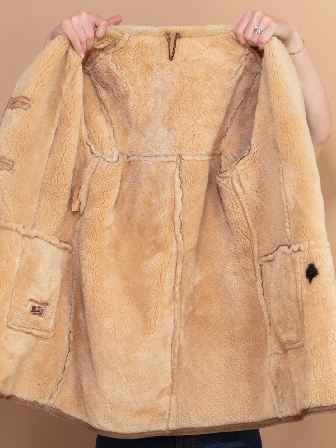 Sheepskin Shearl Coat, Size M Vintage 70's Sheepskin Coat, Beige Sheepskin Winter Coat, Sheepskin Suede Coat, Boho Western Hippie Style Coat
