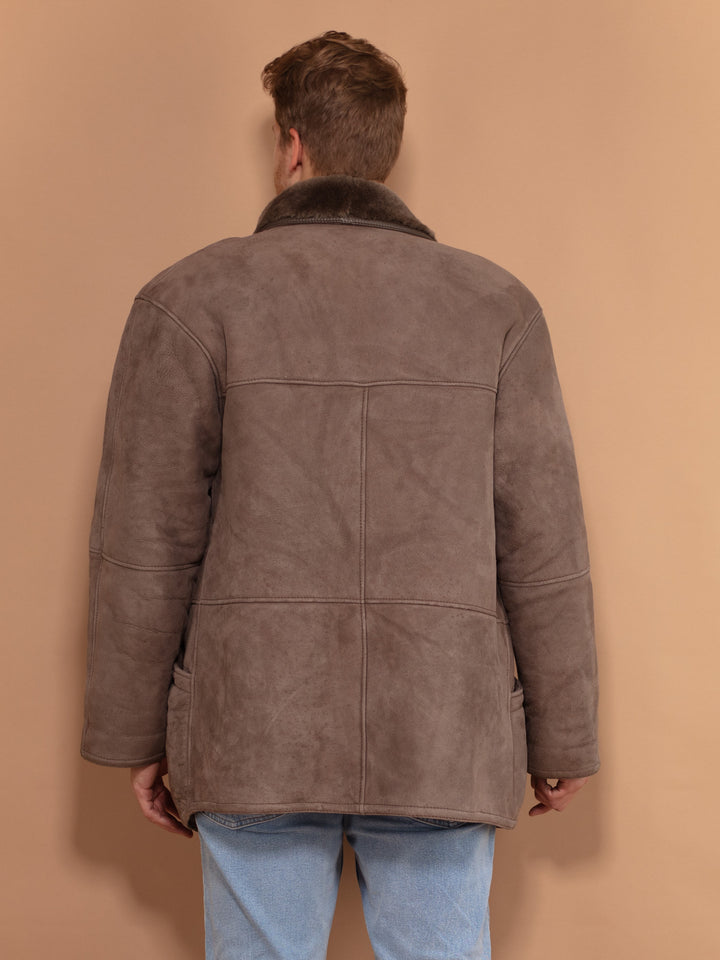 Beige Shearling Coat 70s, Size Large, Sheepskin Leather Coat, Button Up Winter Coat, Retro Outerwear, Vintage Fashion, Western Jacket