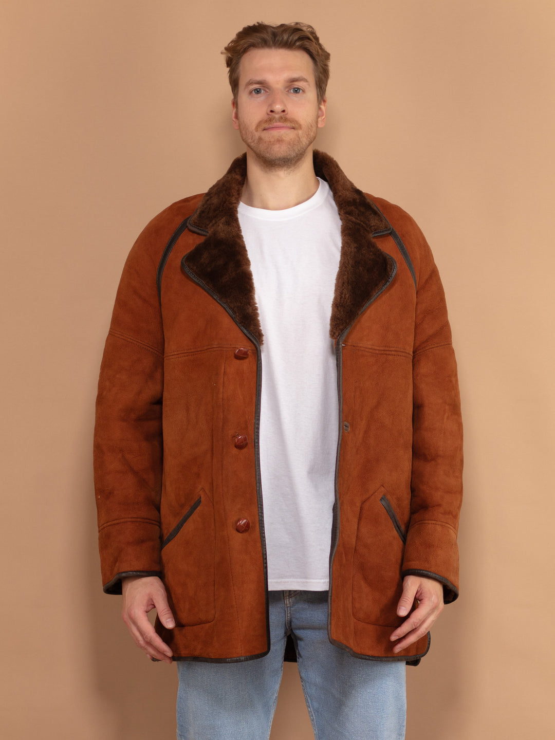 Men Sheepskin Shearling Coat 70s, Size Extra Large XL, Vintage Coat, Warm Winter Leather Coat, Brown Oversized Coat, Gift For Husband