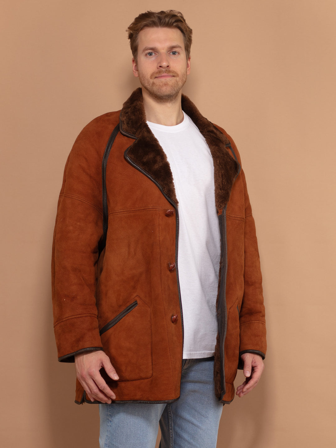 Men Sheepskin Shearling Coat 70s, Size Extra Large XL, Vintage Coat, Warm Winter Leather Coat, Brown Oversized Coat, Gift For Husband