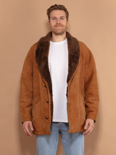 Men Shearling Coat 70s, Size Large, Vintage Sheepskin Coat, Warm Winter Leather Coat, Brown Oversized Coat, Gift For Husband
