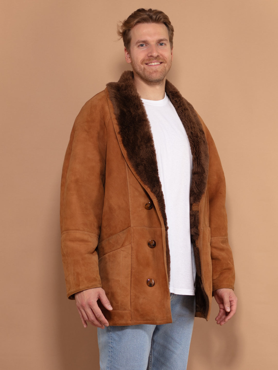 Vintage 70's Men Sheepskin Coat in Light Brown - NorthernGrip