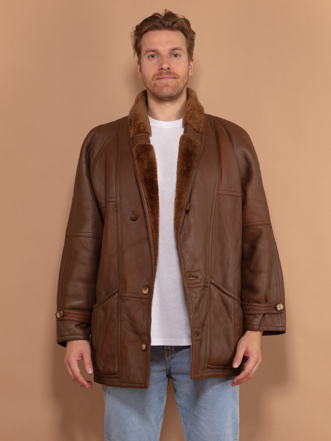 Brown Sheepskin Coat 70s, Size Large, Sheepskin Leather Coat, Button Up Winter Coat, Retro Outerwear, Vintage Fashion, Western Jacket
