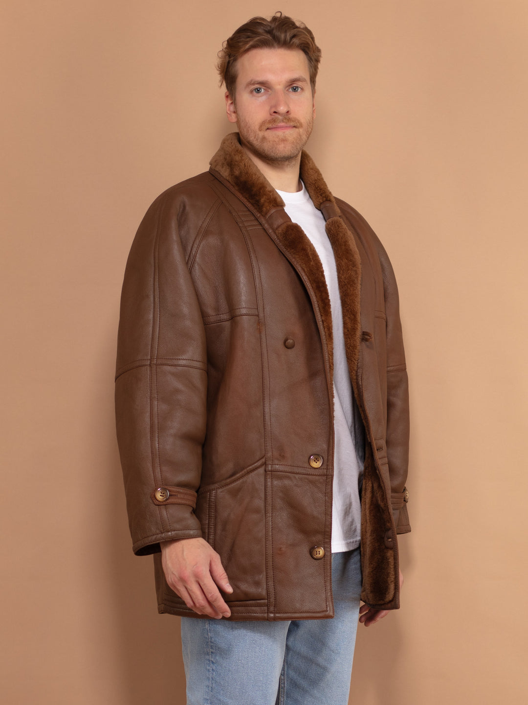Brown Sheepskin Coat 70s, Size Large, Sheepskin Leather Coat, Button Up Winter Coat, Retro Outerwear, Vintage Fashion, Western Jacket