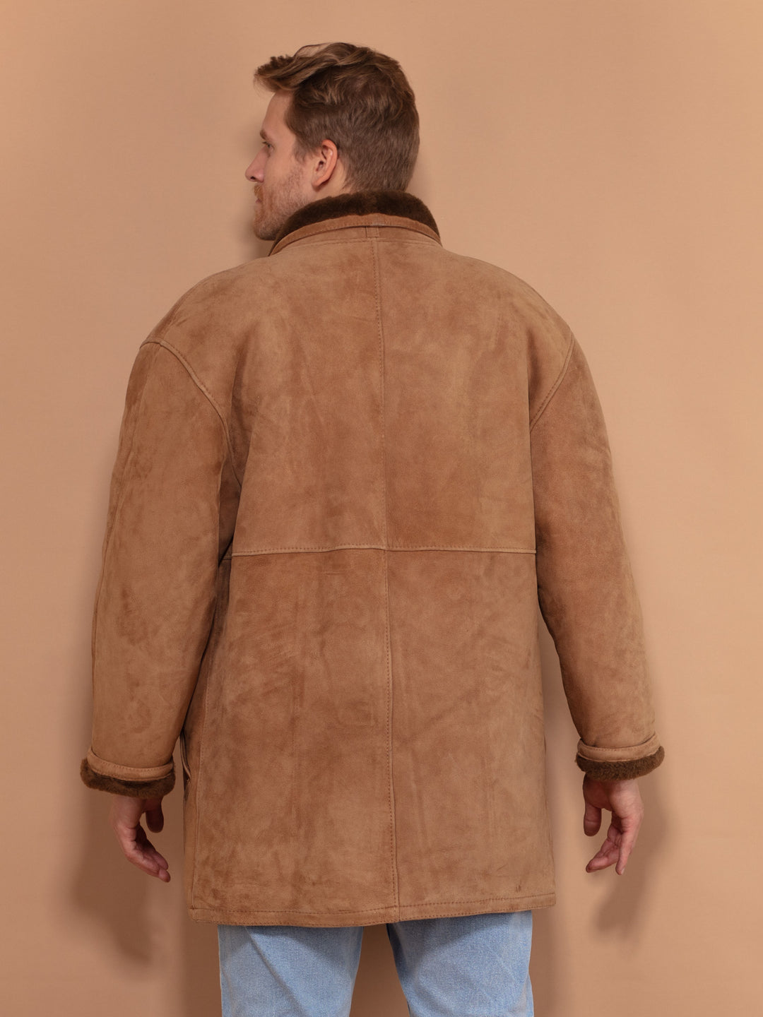 Brown Shearling Coat 70s, Size Large, Men Sheepskin Leather Coat, Button Up Winter Coat, Retro Outerwear, Vintage Fashion, Western Jacket