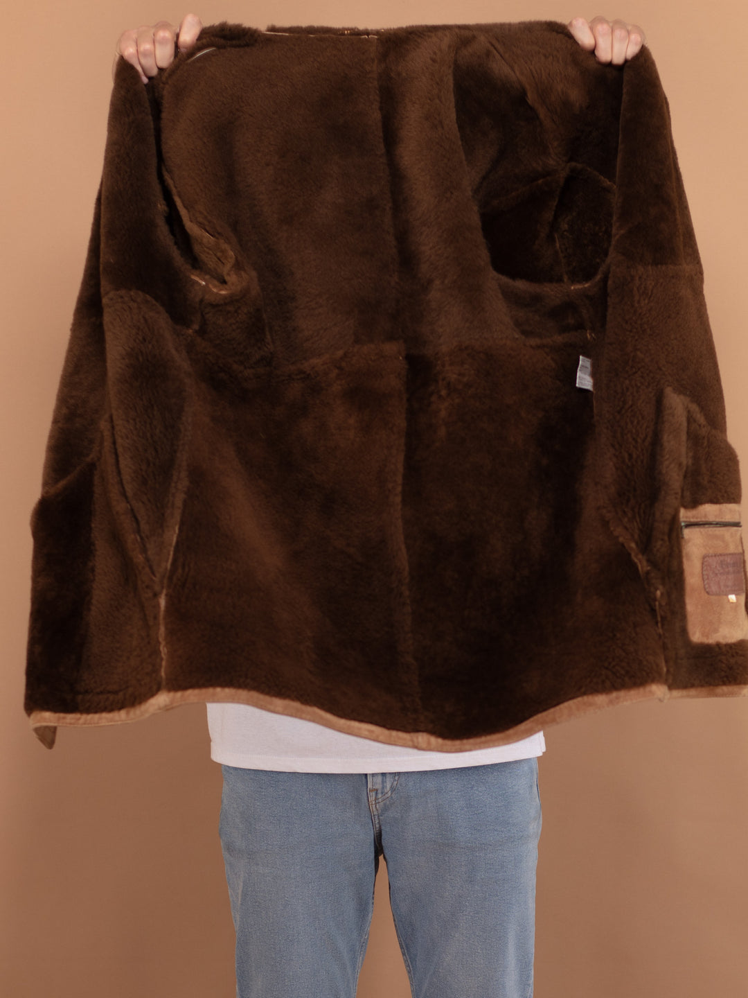 Brown Shearling Coat 70s, Size Large, Men Sheepskin Leather Coat, Button Up Winter Coat, Retro Outerwear, Vintage Fashion, Western Jacket