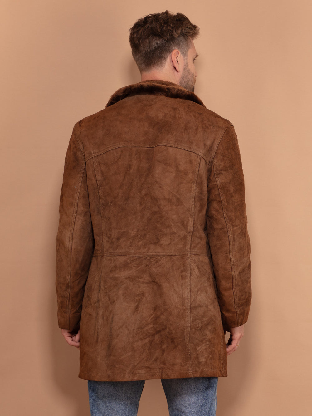 Vintage 70's Men Sherpa Lined Suede Coat in Brown - NorthernGrip