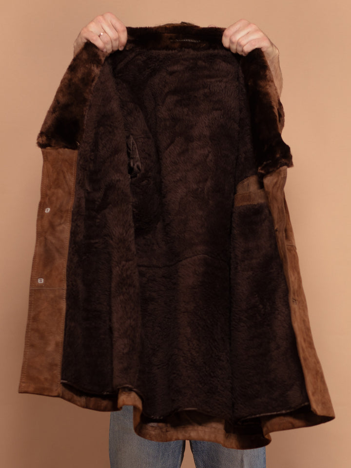 Men Suede Sherpa Lined Coat 70s, Size Medium, Vintage Faux Sheepskin Coat, Western Style Coat, Boho Outfit, Shearling Collar Coat