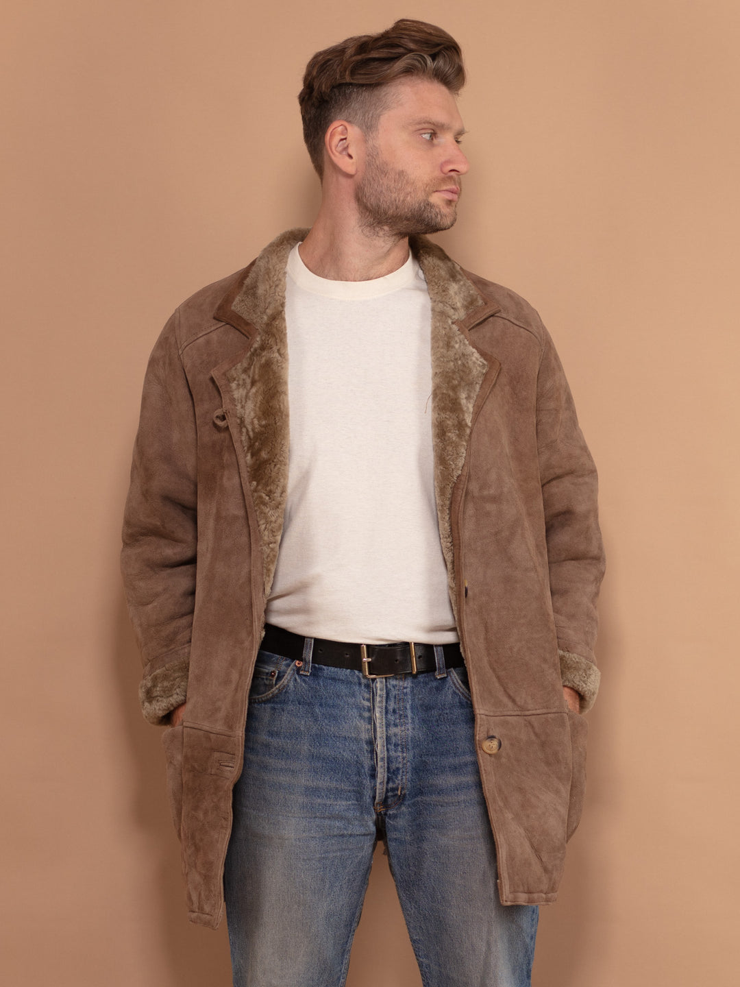 Men Button Up Sheepskin Coat 80's, Size Medium, Vintage Winter Coat, Beige Boho Coat, Retro 70s Clothing, Vintage Sheepskin Coat