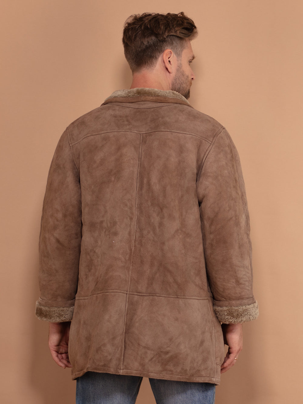 Vintage 80's Men Sheepskin Button-Up Coat in Beige - NorthernGrip
