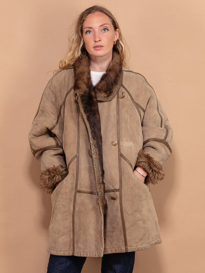 Oversized Sheepskin Coat 80s, Size XXL, Shearling Suede Coat, Western Style Sheepskin Overcoat, Vintage Outerwear, Sustainable Clothing