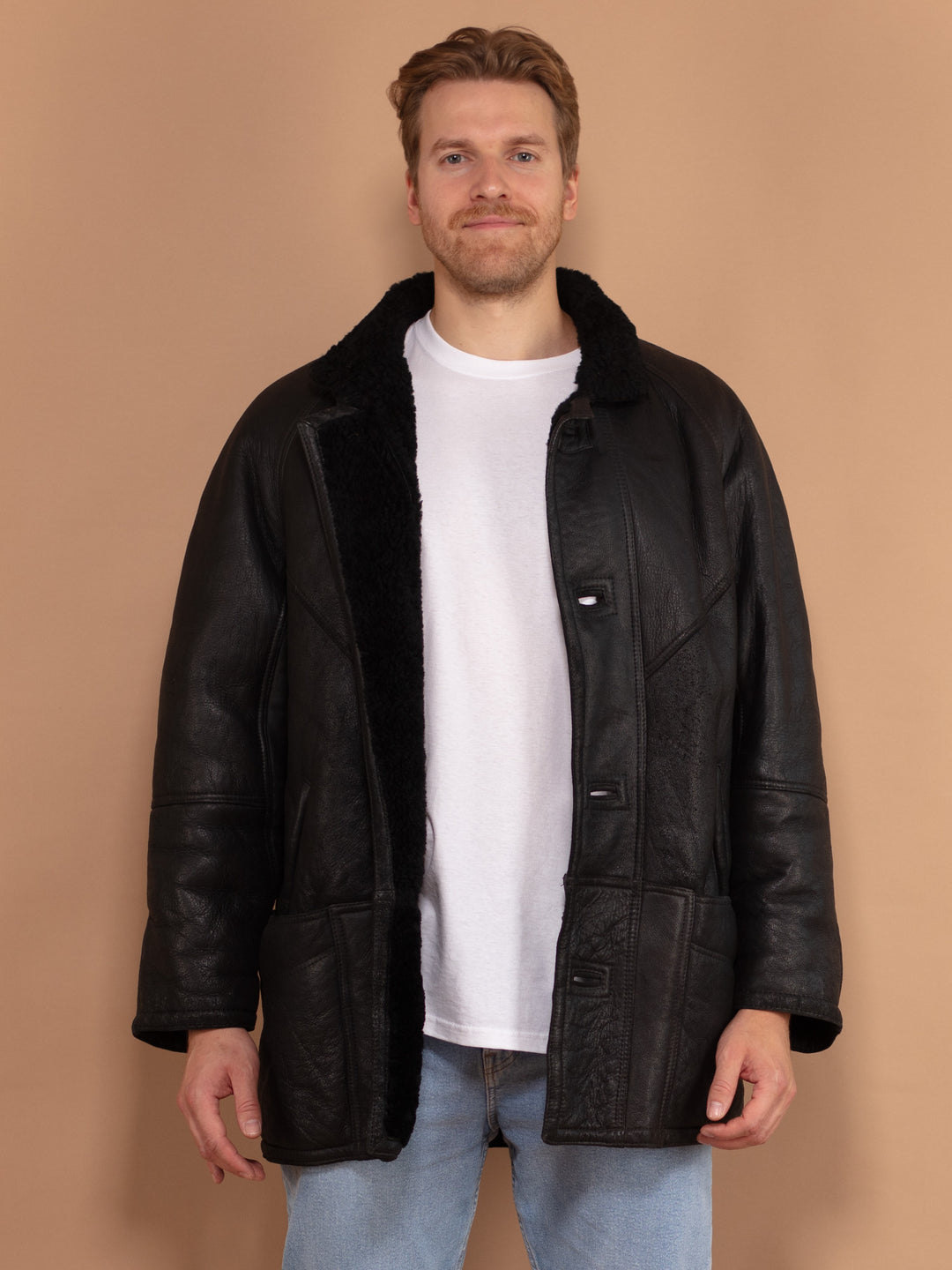 Black Shearling Coat 80s, Size Extra Large XL, Vintage Men Sheepskin Coat, Warm Leather Coat, Retro Outerwear, Sheep Fur Winter Coat