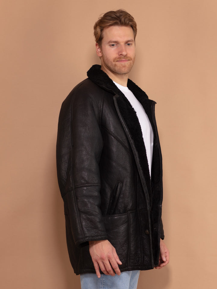 Black Shearling Coat 80s, Size Extra Large XL, Vintage Men Sheepskin Coat, Warm Leather Coat, Retro Outerwear, Sheep Fur Winter Coat