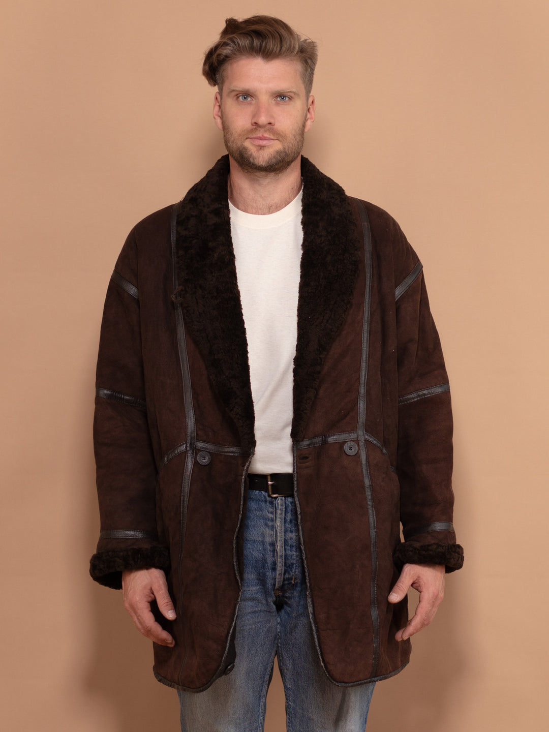 Brown Shearling Coat 80s, Size Medium M, Vintage Sheepskin Coat, Winter Coat, Boho Outerwear, Sustainable Clothing, Men Shearling Coat