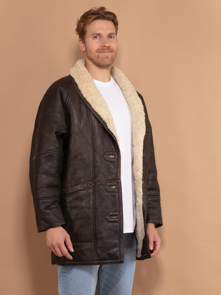 Vintage 80's Men Sheepskin Coat in Brown - NorthernGrip