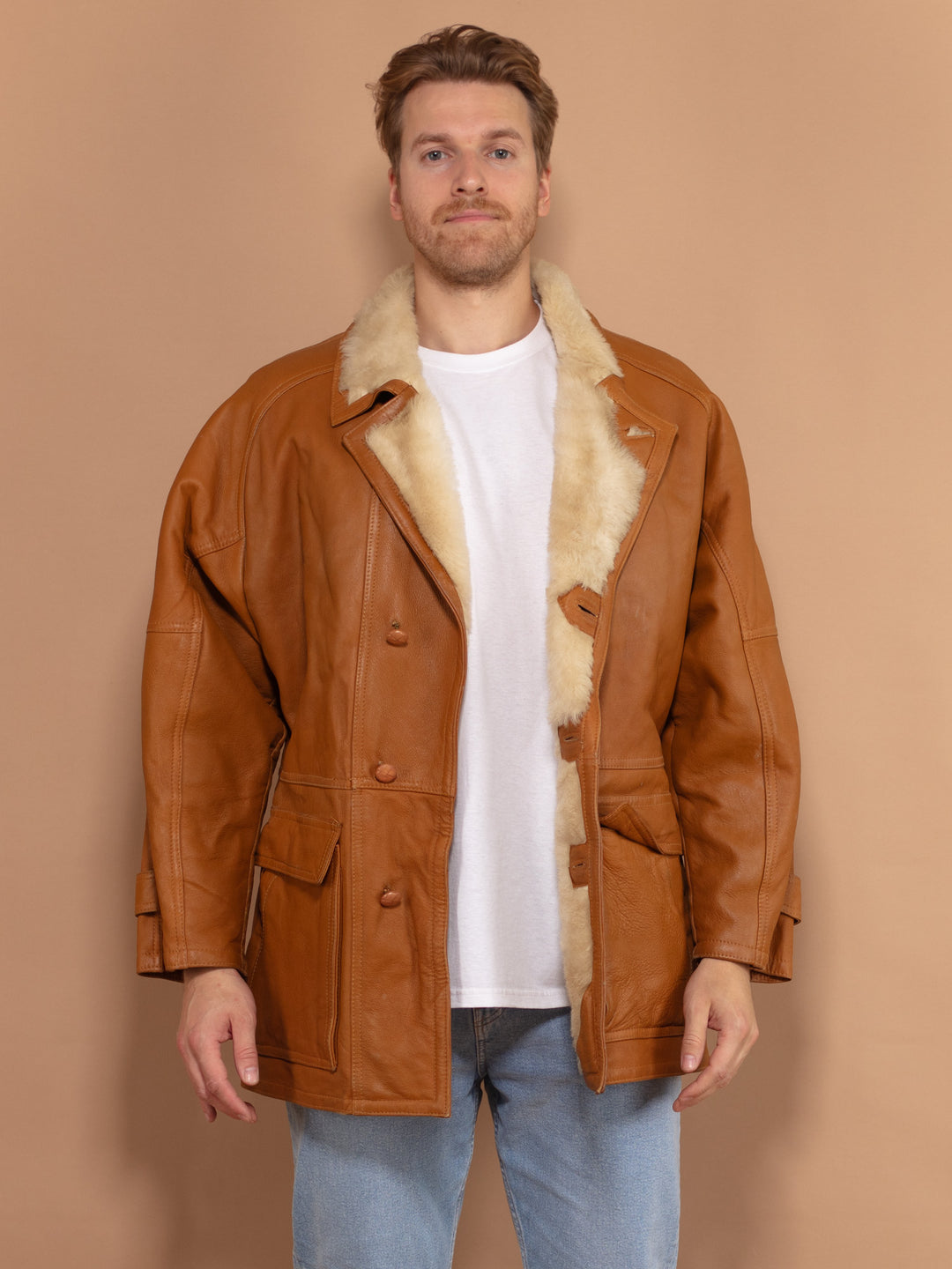 Men Shearling Coat 80s, Size Large, Vintage Sheepskin Coat, Warm Winter Leather Coat, Brown Oversized Coat, Gift For Husband