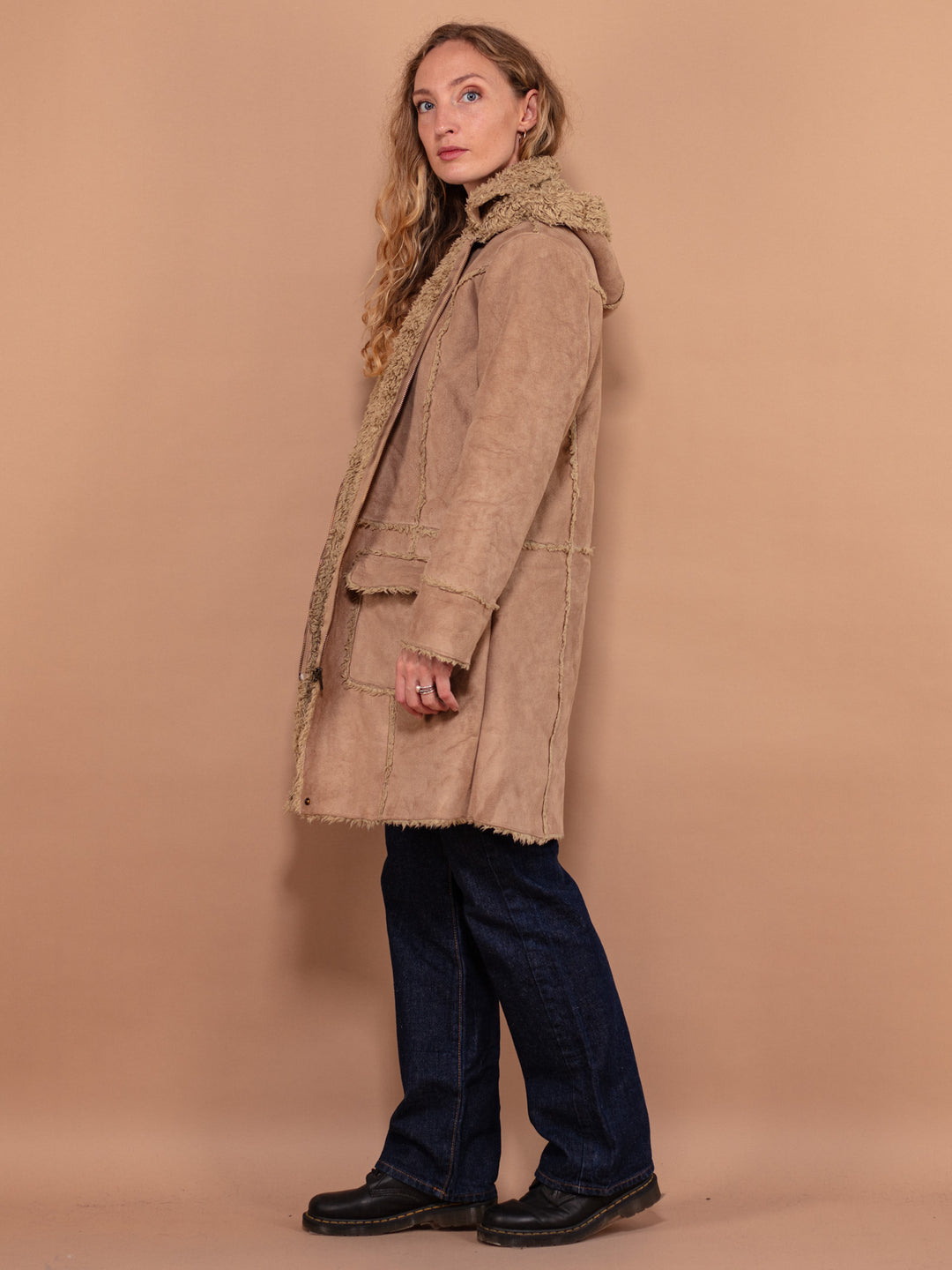 Vintage 90's Faux Sheepskin Coat in Beige - NorthernGrip