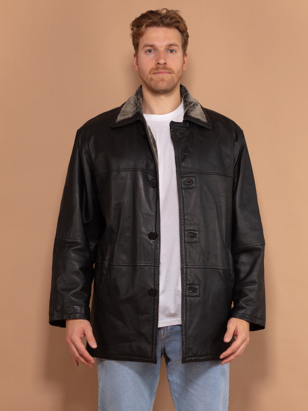 Vintage Leather Sherpa Coat 90s, Size Large, Vintage Men Leather Coat, Boho Style Warm Winter Coat, Black Coat, Gift for Men