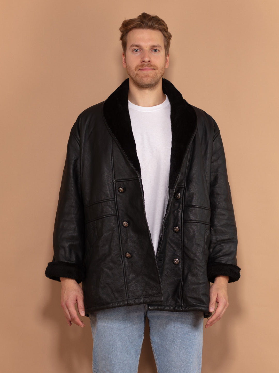 Vintage Leather Sherpa Coat 90s, Size Extra Large, Vintage Men Leather Coat, Boho Style Warm Winter Coat, Black Coat, Gift for Men