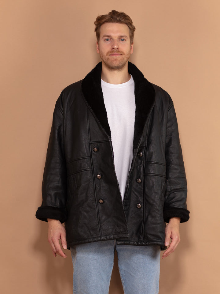 Vintage 90's Men Sherpa Lined Leather Coat in Black - NorthernGrip