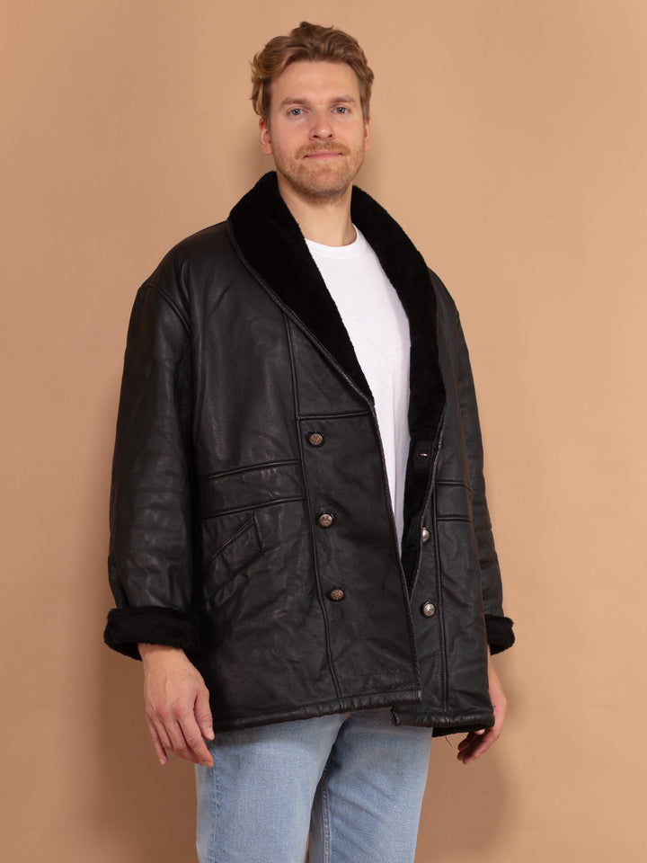 Vintage 90's Men Sherpa Lined Leather Coat in Black - NorthernGrip