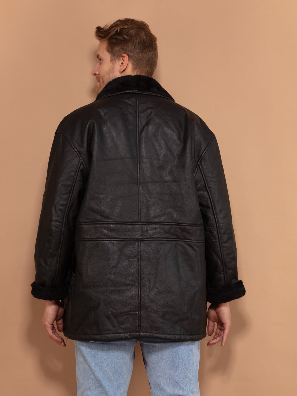 Vintage 90's Men Sherpa Lined Leather Coat in Black - NorthernGrip