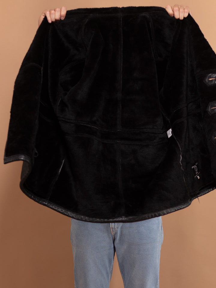 Vintage 90's Men Sherpa Lined Leather Coat in Black - NorthernGrip