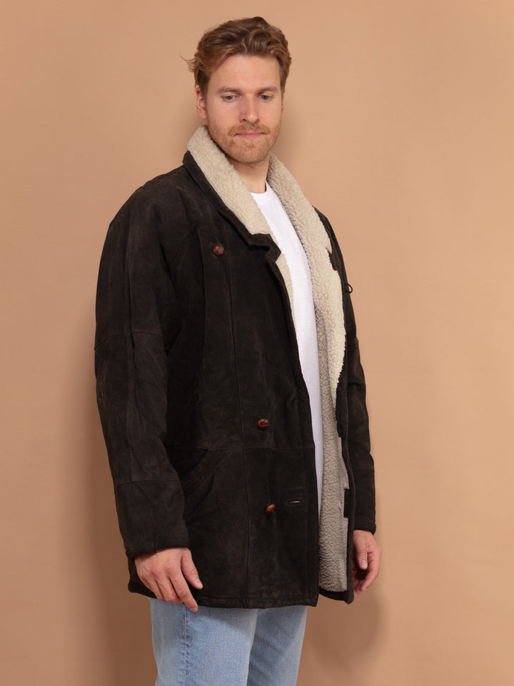 Men Suede Sherpa Coat 90's, Size Extra Large, Vintage Brown Overcoat, Faux Sheepskin Coat, Button Up Winter Jacket, Men Retro Clothing