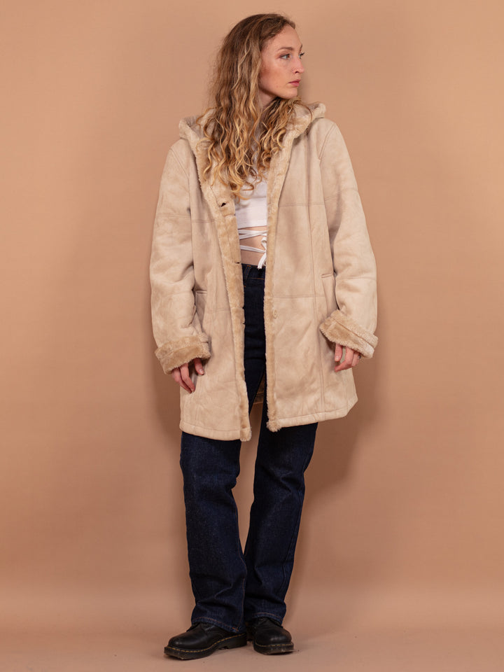 Faux Sheepskin Coat 90s, Size Large, Beige Long Sherpa Coat, Faux Suede Vegan Coat, Hooded Maxi Coat, Cruelty Free Coat, Winter Outerwear