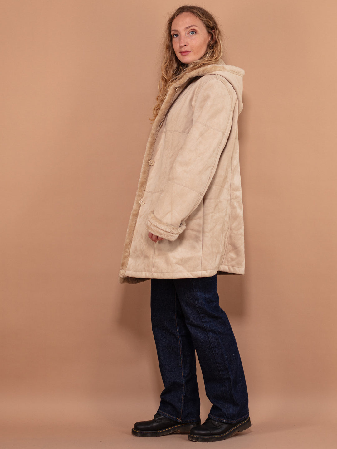 Faux Sheepskin Coat 90s, Size Large, Beige Long Sherpa Coat, Faux Suede Vegan Coat, Hooded Maxi Coat, Cruelty Free Coat, Winter Outerwear