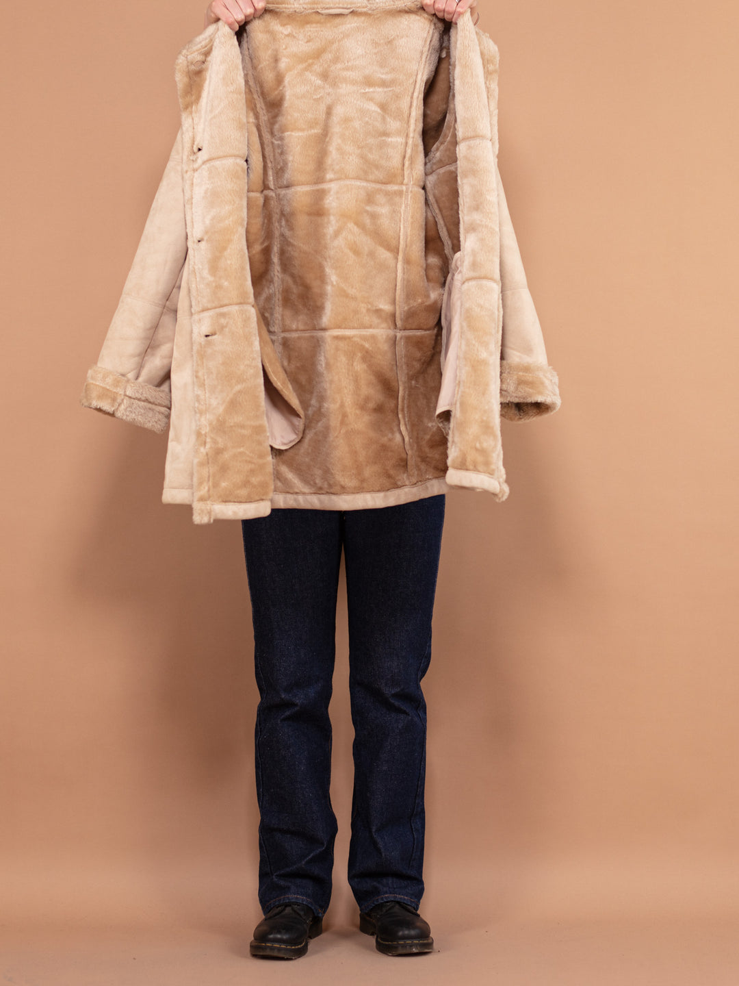 Vintage 90's Faux Sheepskin Coat in Beige - NorthernGrip